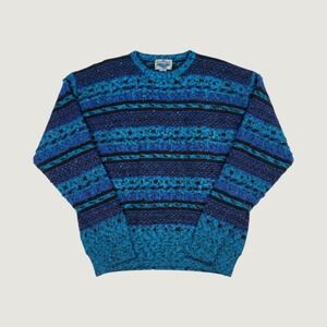 Vintage Etchings Blue Black Striped Confetti Knit Crewneck Sweater Womens Large